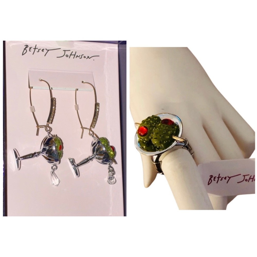 BETSEY JOHNSON Santa Baby Martini with Olives Earrings & Ring Set NEW NWT